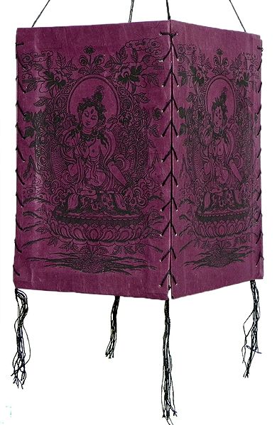 Hanging Foldable Purple Paper Lamp Shade with Goddess Tara Print
