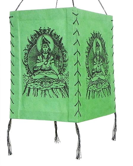 Hanging Foldable Green Paper Lamp Shade with Shiva Print