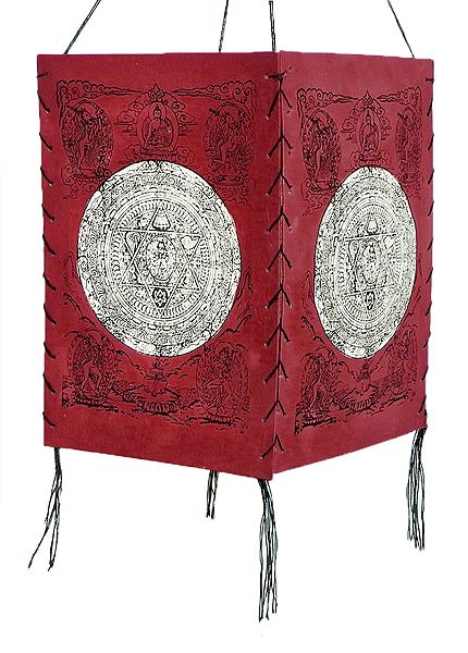 Hanging Foldable Red Paper Lamp Shade with Buddhist Deities and Mandala Print
