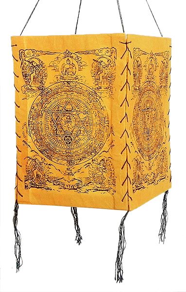 Hanging Foldable Yellow Paper Lamp Shade with Buddhist Deities and Mandala Print
