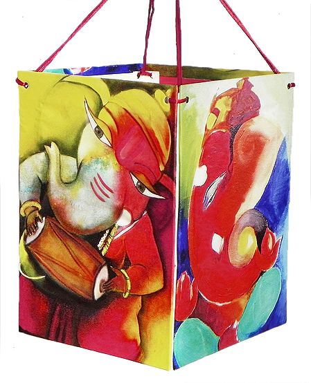 Hanging Foldable Paper Lamp Shade with Ganesha Print