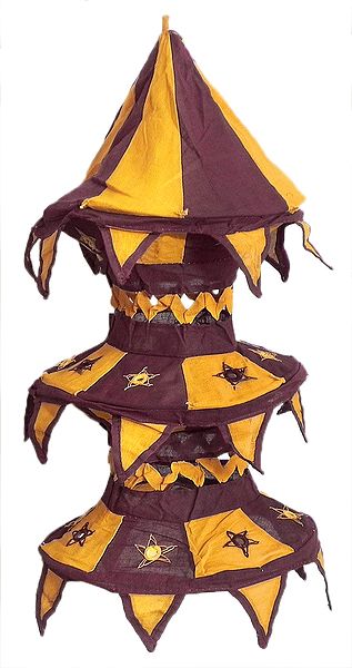 Dark Yellow with Maroon Appliqued and Mirrorwork Foldable Hanging Cloth Lamp Shade