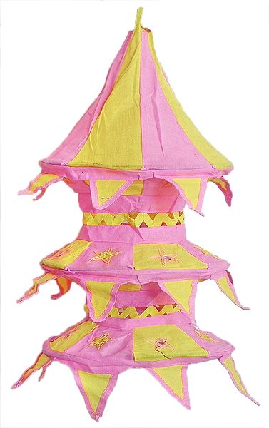 Light Yellow with Pink Appliqued and Mirrorwork Foldable Hanging Cloth Lamp Shade