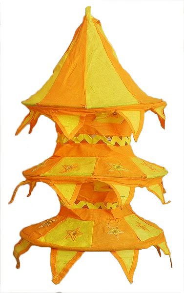 Saffron with Yellow Appliqued and Mirrorwork Foldable Hanging Cloth Lamp Shade