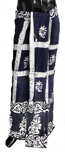 White Batik Print on Dark Blue and White Check Cotton Lungi