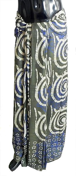 Off-White with Blue Batik Print on Dark Green Cotton Lungi