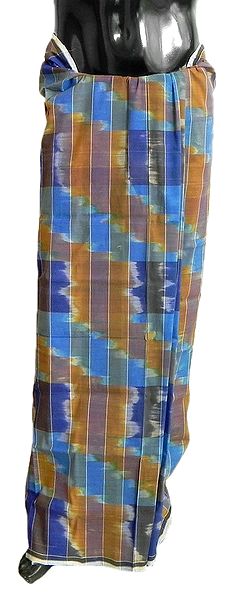 Blue and Brown Check Cotton Lungi with Ikkat Design