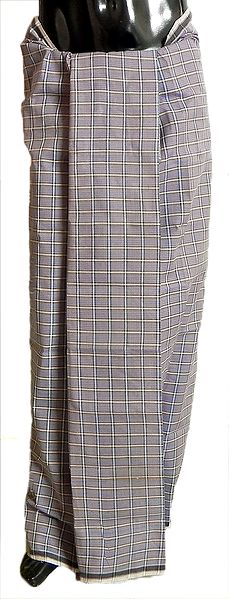 Blue and Brown Stripe Cotton Lungi with White Check