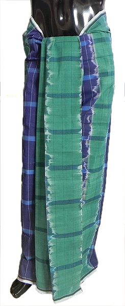 Green with Blue Cotton Lungi with ikkat Design