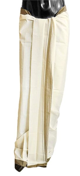 Off-White Plain Cotton Lungi with Moss Green Border