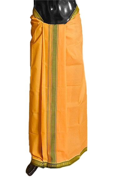 saffron Plain Cotton Lungi with Green Border