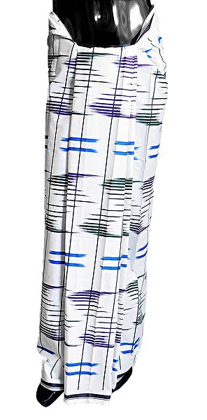 Blue, Purple and Green Print on White Cotton Lungi