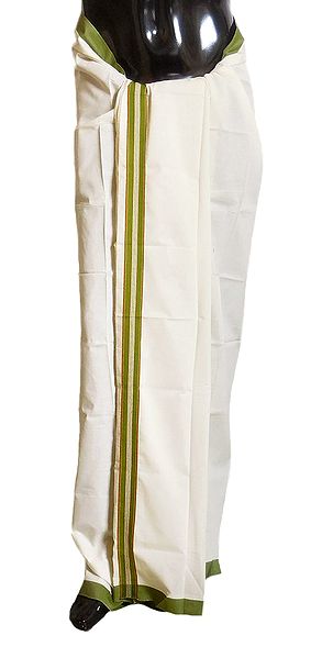 Ivory Cotton Lungi with Olive Green Border