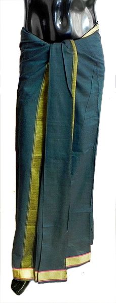 Cyan Green Cotton Lungi with Yellow Border