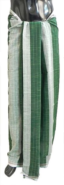 Light Green and Dark Green Cotton Lungi with White and Dark Green Check