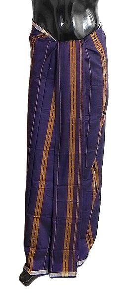 Blue Cotton Lungi with ikkat Design on Maroon stripe
