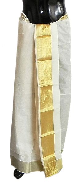 Off-White Cotton Lungi with Golden Zari Border
