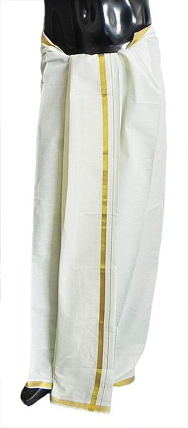 Off-White Cotton Lungi with Golden Zari Border