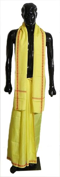 Yellow Lungi and Angavastram with Red Border for Performing Puja