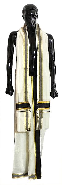 Off-White Cotton Kerala Lungi and Chadar with Black and Golden Border