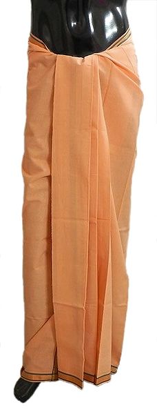 Orange Color Cotton Lungi with Yellow and Green Border for Performing Puja