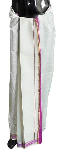 White Cotton Lungi with Magenta Border