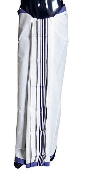 White Plain Cotton Lungi with Blue Border