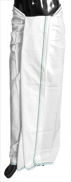 White Cotton Lungi with Fine Cyan Border