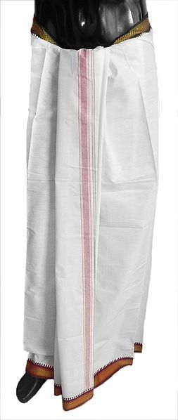 White Cotton Lungi with Red and Green Weaved Border