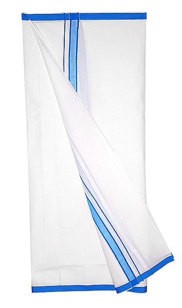 White Plain Cotton Lungi with Blue Border