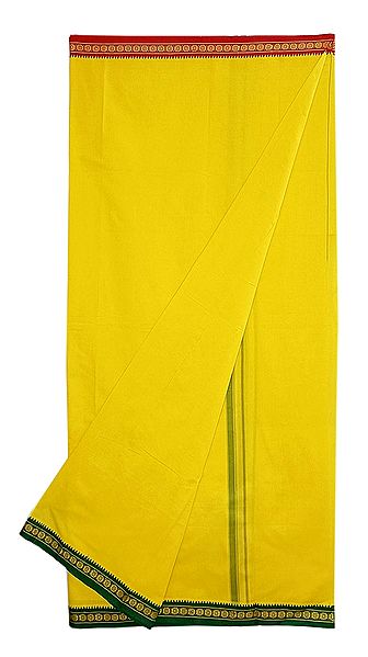 Yellow Plain Cotton Lungi with Green and Red Border