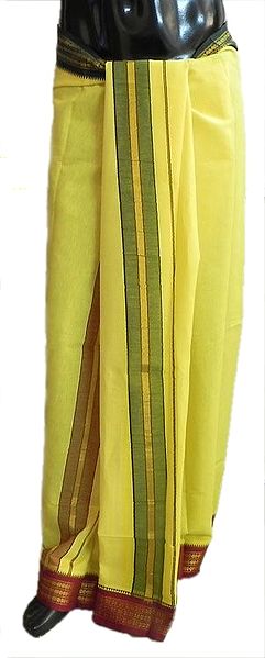 Yellow Cotton Lungi with Green and Red Border for Performing Puja
