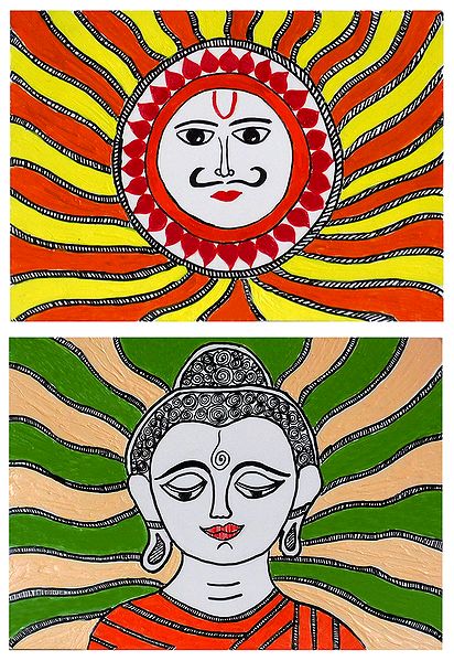 Sungod and Lord Buddha - Set of 2 Madhubani Paintings on Unframed Photographic Paper