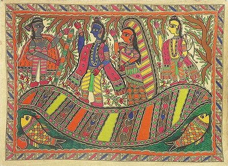 Nishad Raj Rowing Rama, Sita and Lakshmna to their Forest Abode