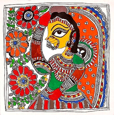 Village Girl - Unframed Madhubani Painting on Paper