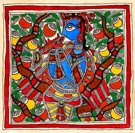 Lord Krishna - Unframed Madhubani Painting on Paper