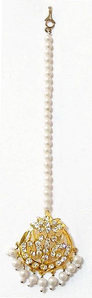 Faux Zirconia Stone Studded Mang Tikka with White Beads