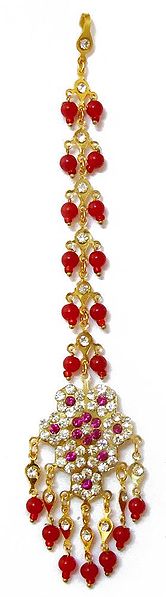 Faux Ruby and Zirconia Stone Studded Mang Tikka with Red Beads