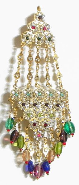 Multicolor Stone Studded Jhoomar with Beads - Worn on the Left Side of the Head or as Mang Tika