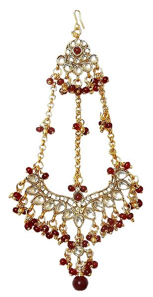 Kundan Jhoomar with Red Beads- Worn on the Left Side of the Head or as Mang Tika