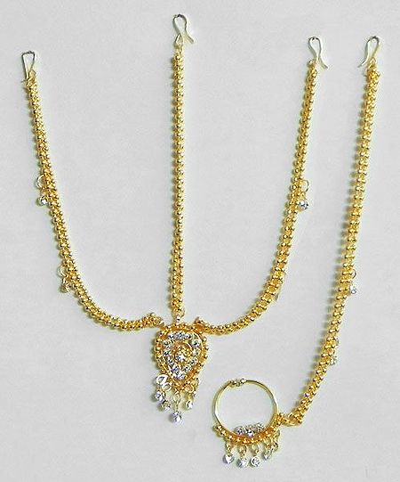 Gold Plated Decorative Mang Tika with Nose Ring