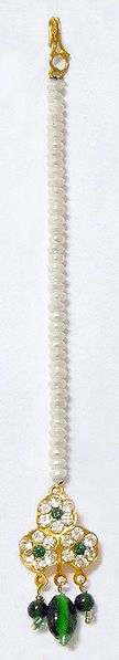 Faux Emarald and Zirconia Stone Studded Mang Tikka with White Beads