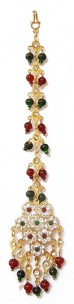 Faux Ruby, Emarald and Zirconia Stone Studded Mang Tikka with Red and Green Beads