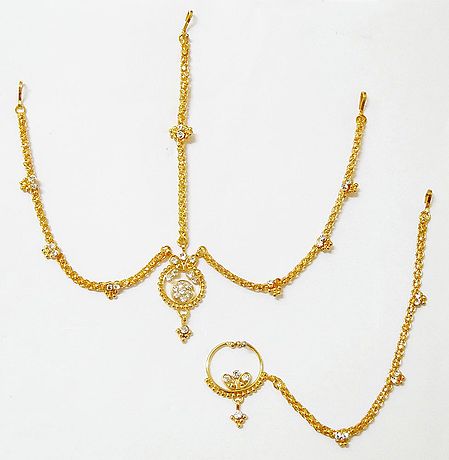 White Stone Studded and Gold Plated  Matha Patti with Mang Tika and Nose Ring