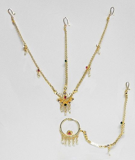 White Stone Studded and Gold Plated  Matha Patti with Mang Tika and Nose Ring