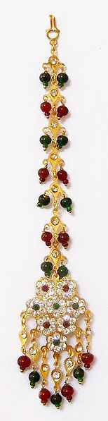 Multicolor Stone Studded Mang Tikka with Red and Green Beads