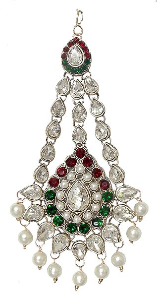 White, Green and Red Faux Zirconia Studded Jhoomar
