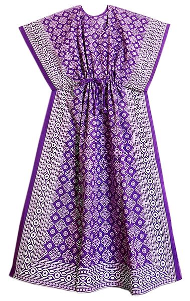 Purple and White Batik Print on Cotton Kaftan