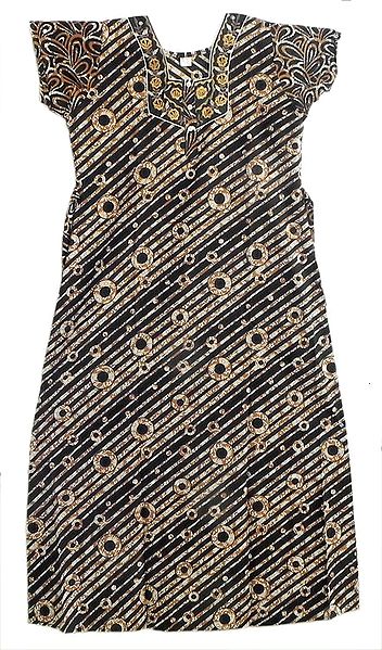 Embroidered Neckline with Brown Print on Black Cotton Maxi
