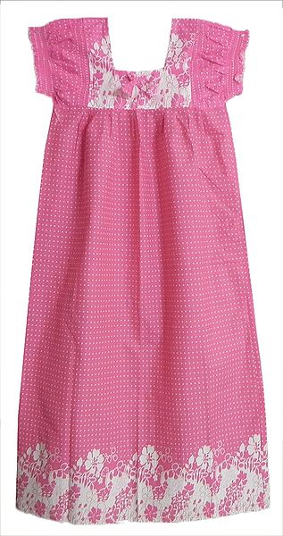 White Polka Dot with Floral Print on Rose Pink Cotton Maxi